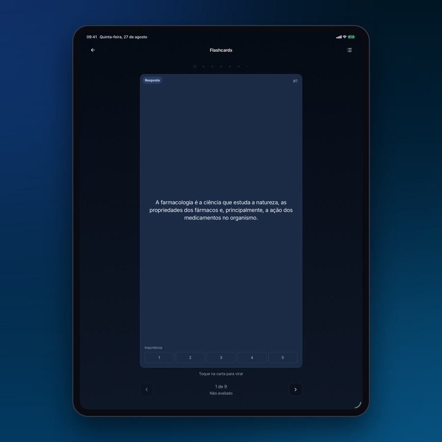 Tela de flashcards do app Atrium